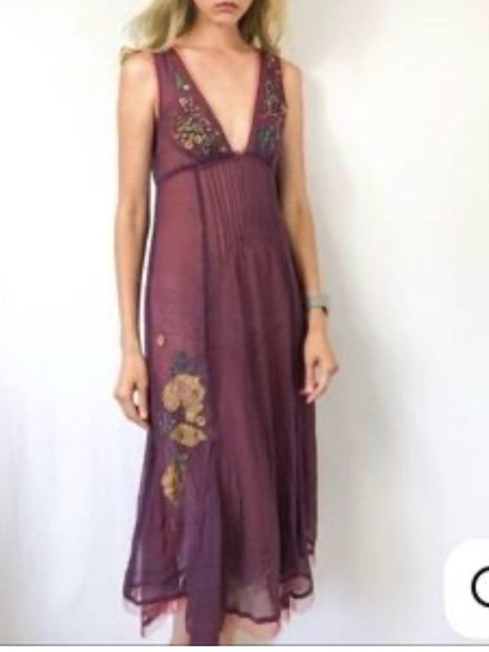Kimchi Blue Plum Embroidered Deep-V Maxi silk boho fairy grunge Dress